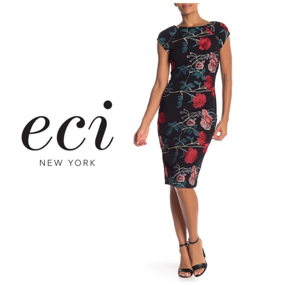 SOLD ECI Black Floral Embroidery Midi Dress Sz 6 - Picture 1 of 8